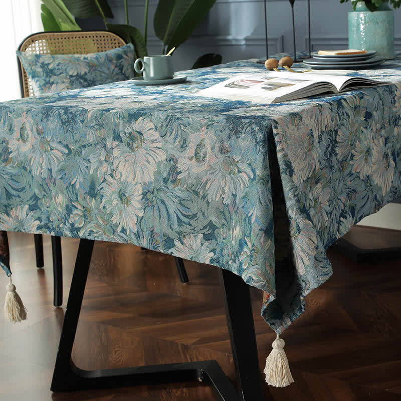 Ownkoti Flower Oil Painting Style Tassel Tablecloth