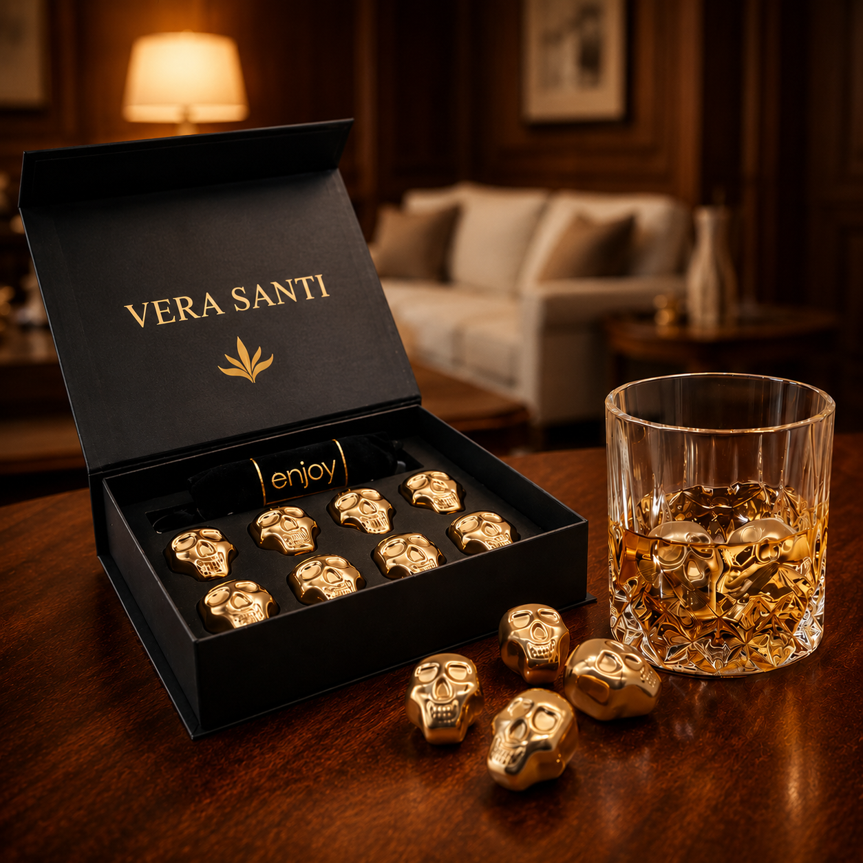 Premium Golden Skull Whiskey Stones (Set of 8)