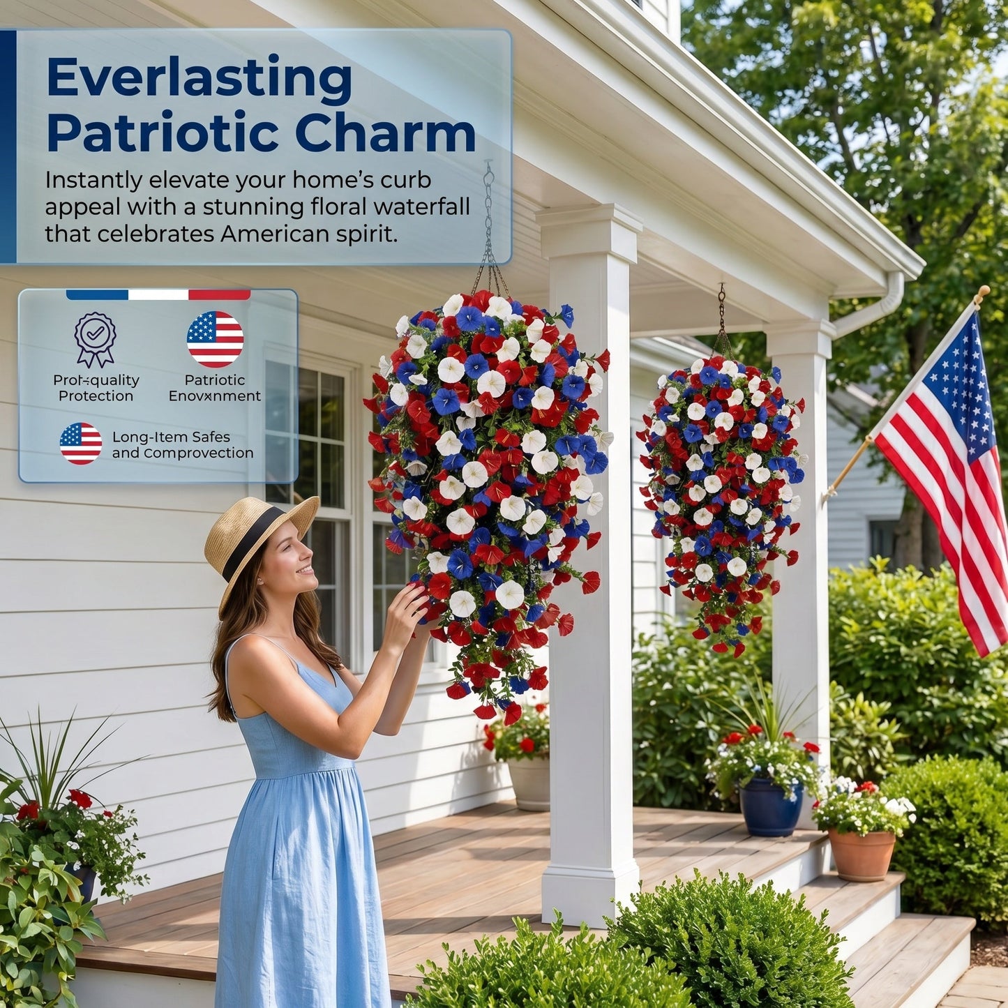 🌹Red, White & Blue Artificial Morning Glory Hanging Vines – 3-Piece Set