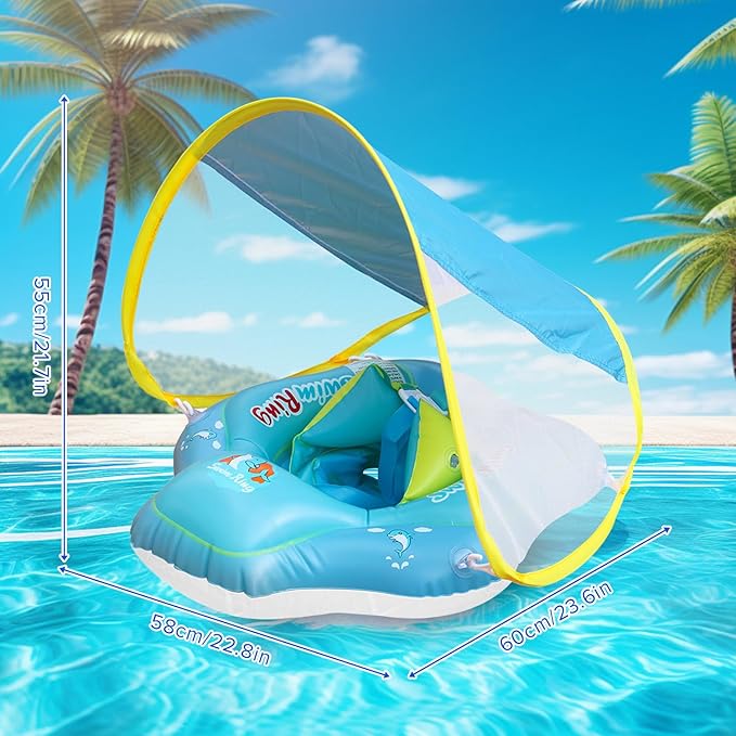 [Summer Energy] Inflatable Baby Swimming Ring with Shoulder Straps and Sunshade - Baby Safety Pool Seat
