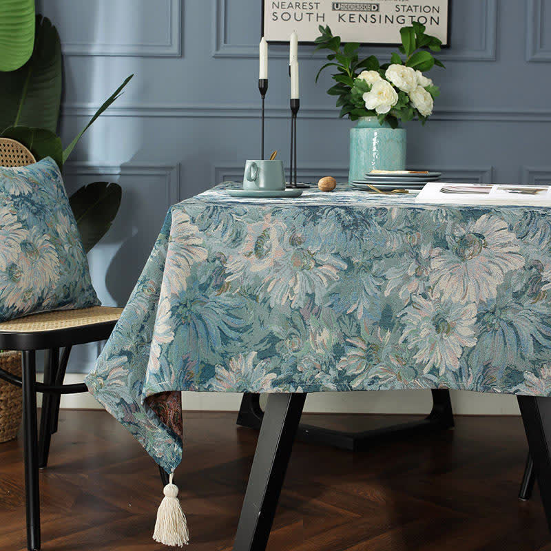 Ownkoti Flower Oil Painting Style Tassel Tablecloth