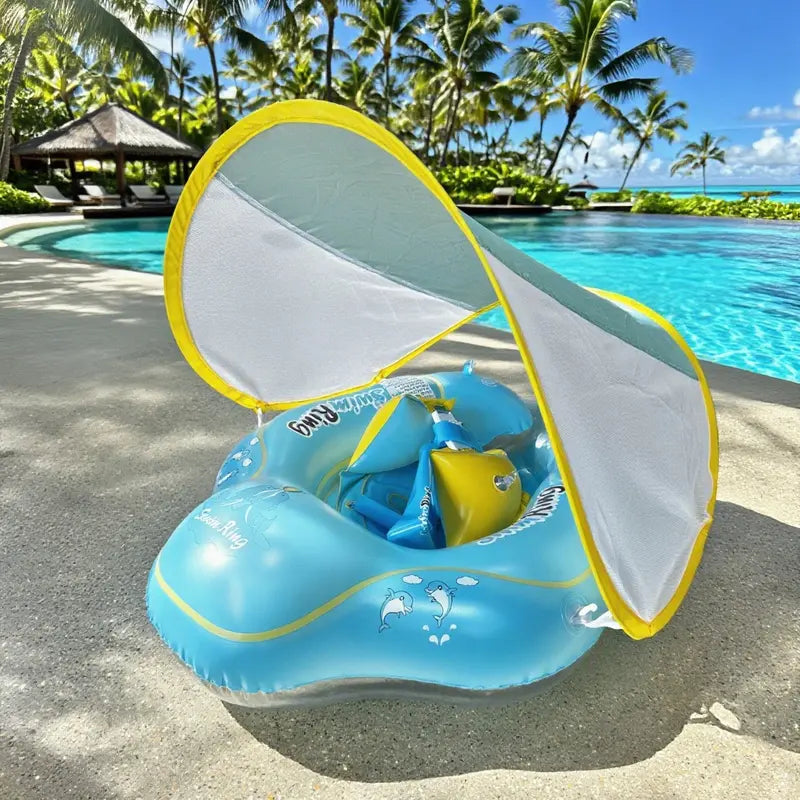 [Summer Energy] Inflatable Baby Swimming Ring with Shoulder Straps and Sunshade - Baby Safety Pool Seat