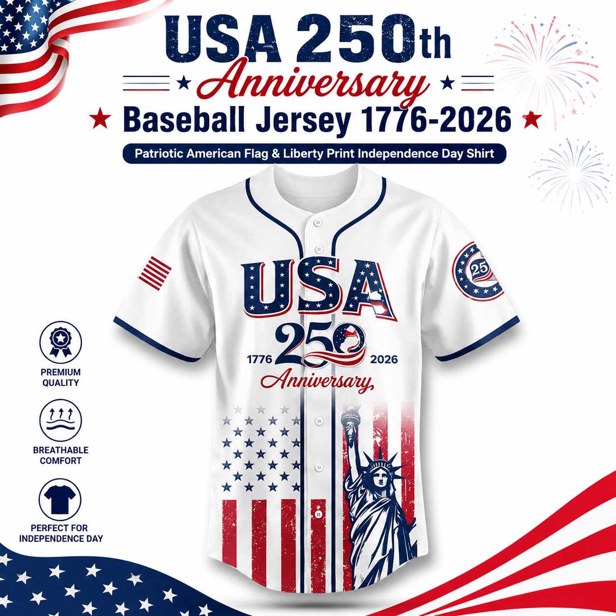 USA 250th Anniversary Baseball Jersey 1776–2026 Patriotic Shirt