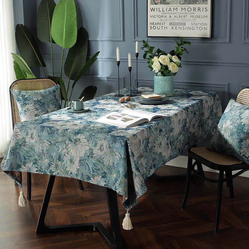 Ownkoti Flower Oil Painting Style Tassel Tablecloth