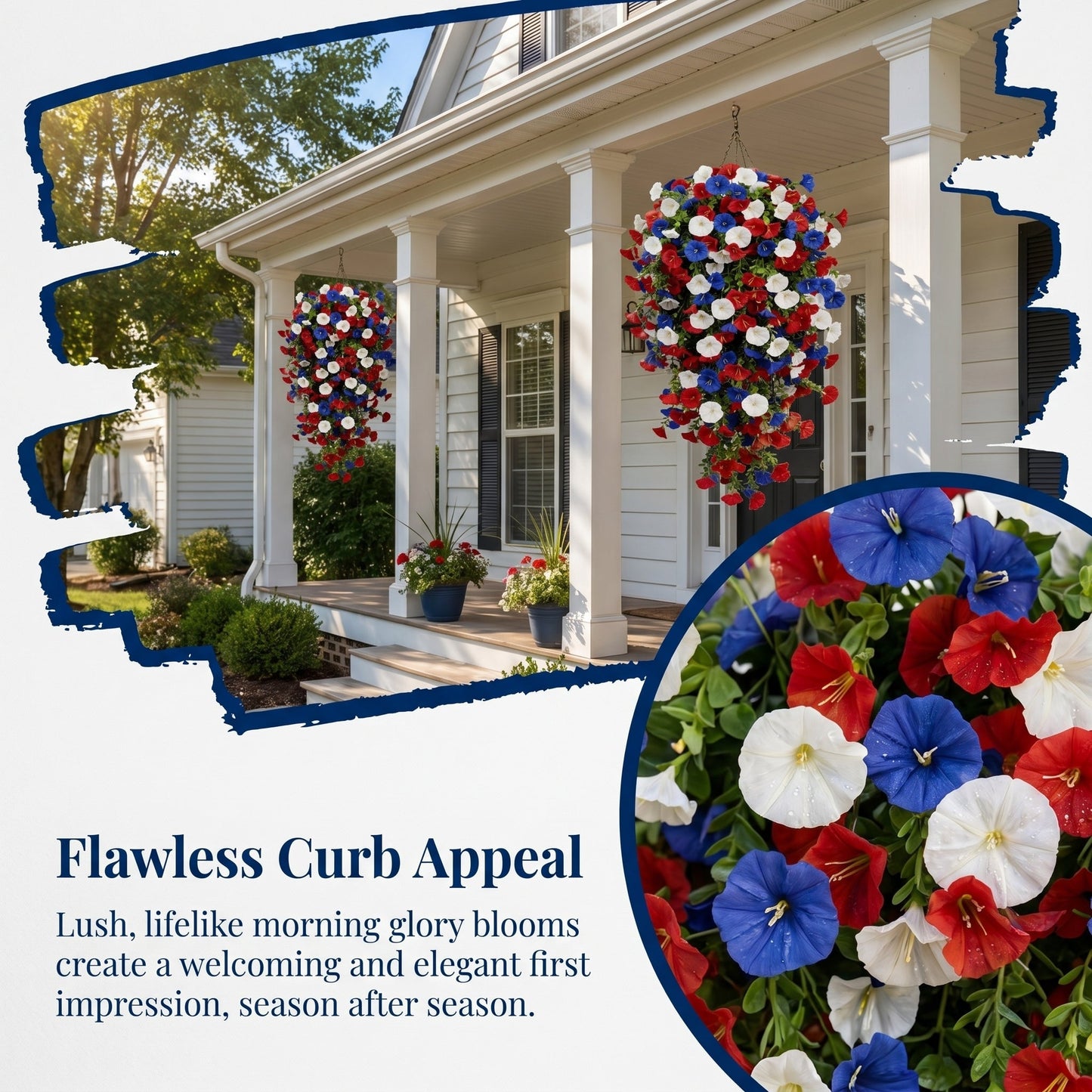 🌹Red, White & Blue Artificial Morning Glory Hanging Vines – 3-Piece Set