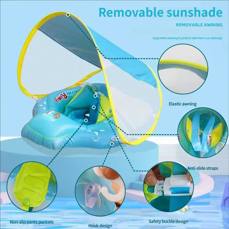 [Summer Energy] Inflatable Baby Swimming Ring with Shoulder Straps and Sunshade - Baby Safety Pool Seat