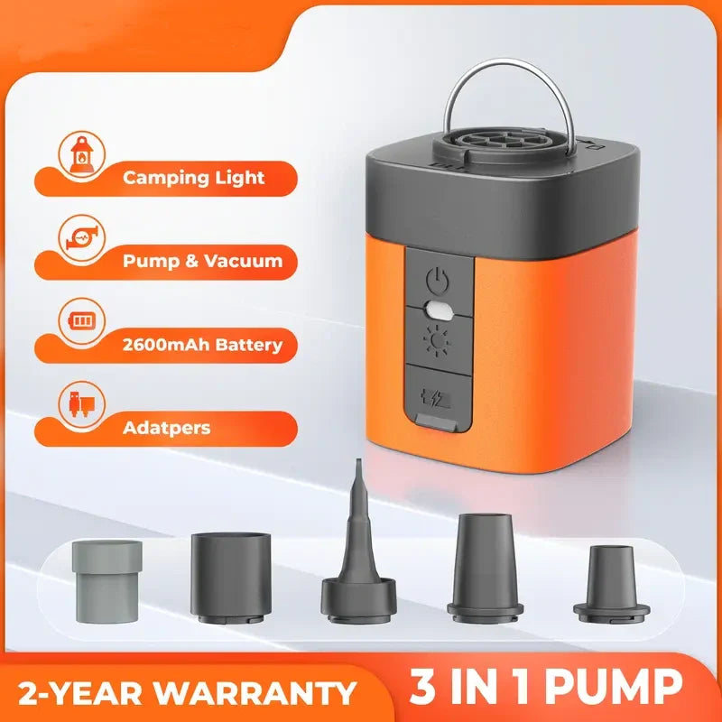 Portable Mini Air Pump — 3-in-1 Electric Inflator/Deflator with LED Light, Ideal for Camping, Pool Floats, and Travel