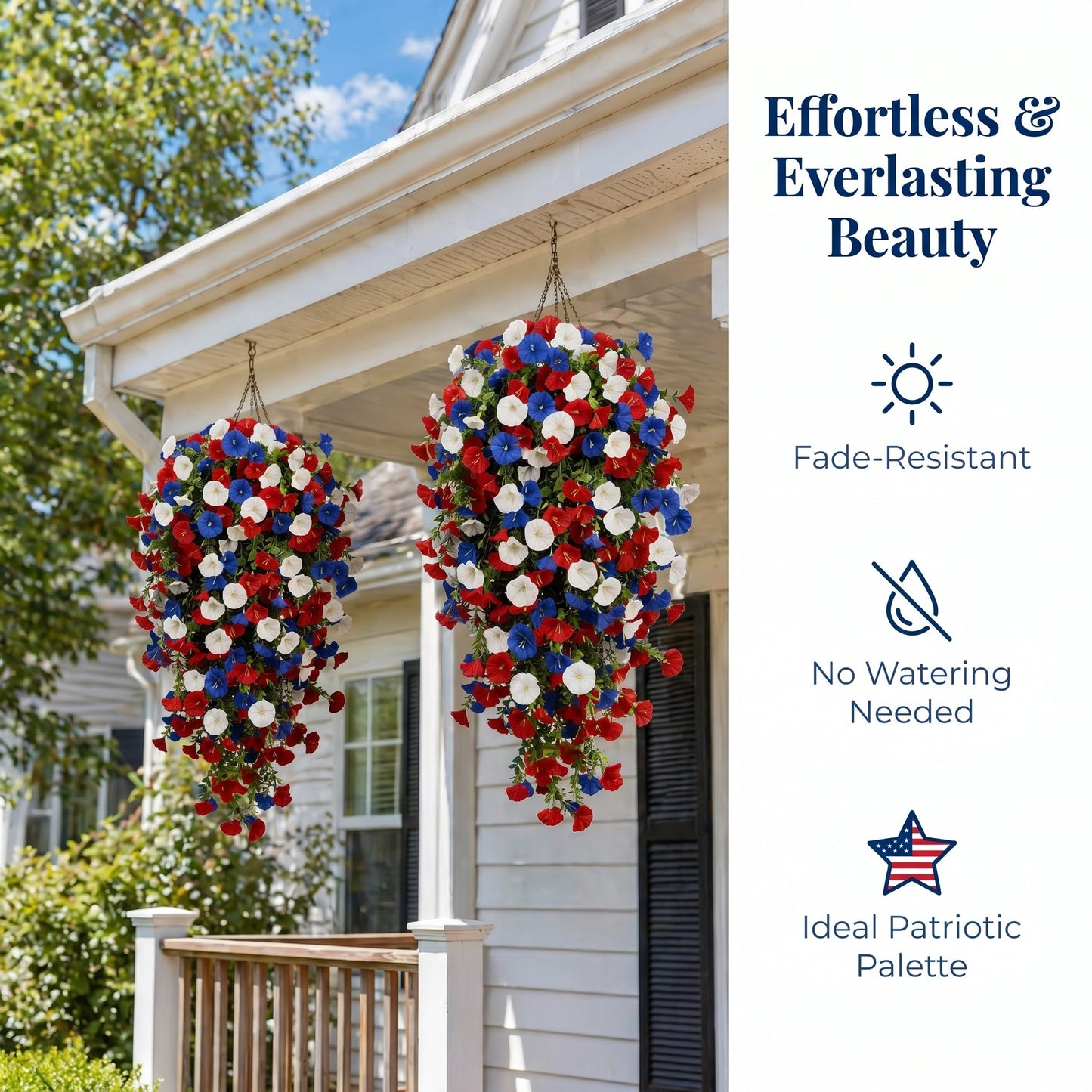 🌹Red, White & Blue Artificial Morning Glory Hanging Vines – 3-Piece Set