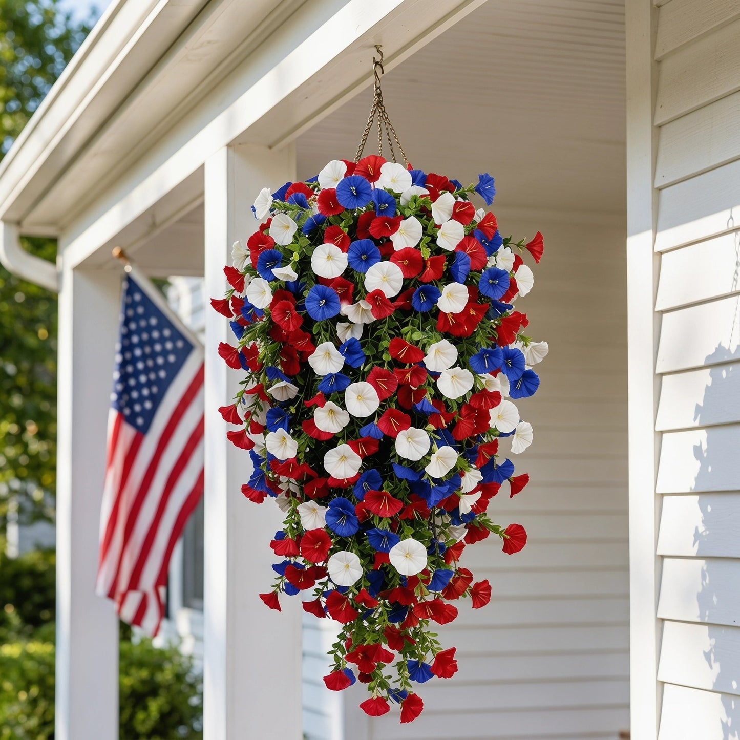 🌹Red, White & Blue Artificial Morning Glory Hanging Vines – 3-Piece Set