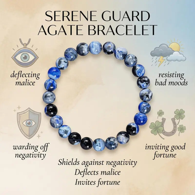 A Blue Fire Agate bracelet, possessing protective properties and benefits for memory.