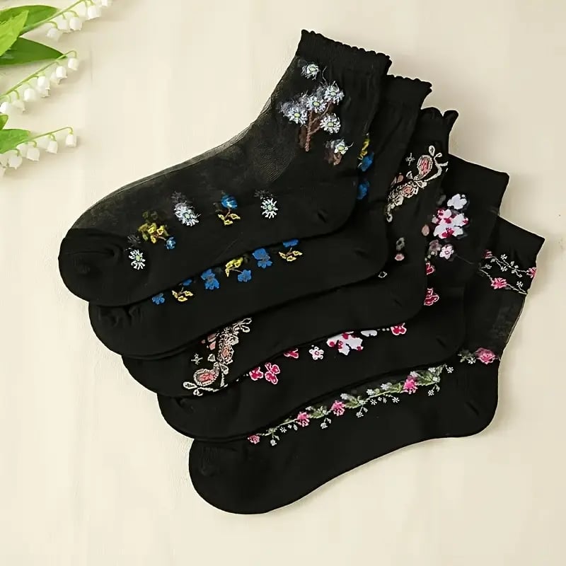 🌸10 Pairs Floral Pattern Glass Stockings 💐 - Bright Color Mid-Tube Socks, Soft Breathable & All-Day Comfort