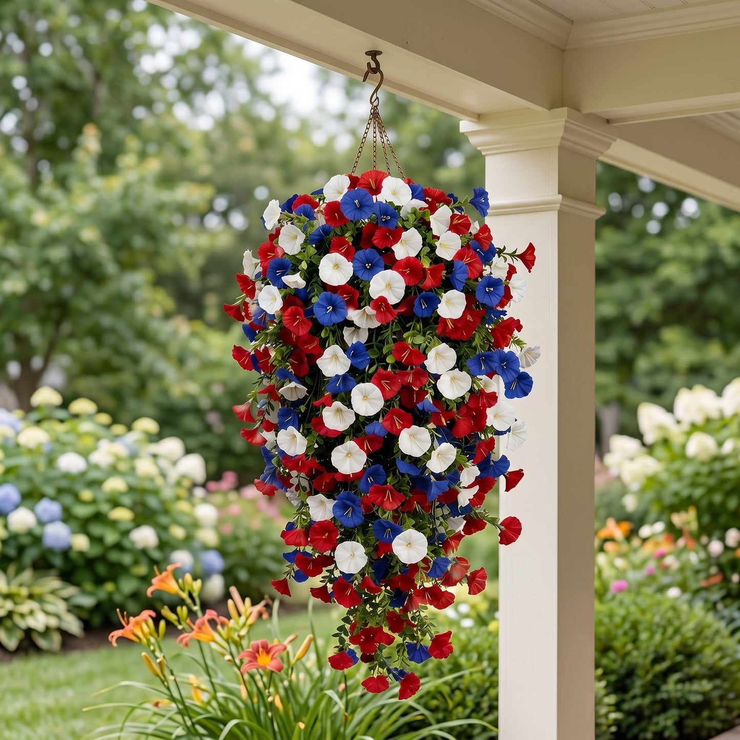 🌹Red, White & Blue Artificial Morning Glory Hanging Vines – 3-Piece Set