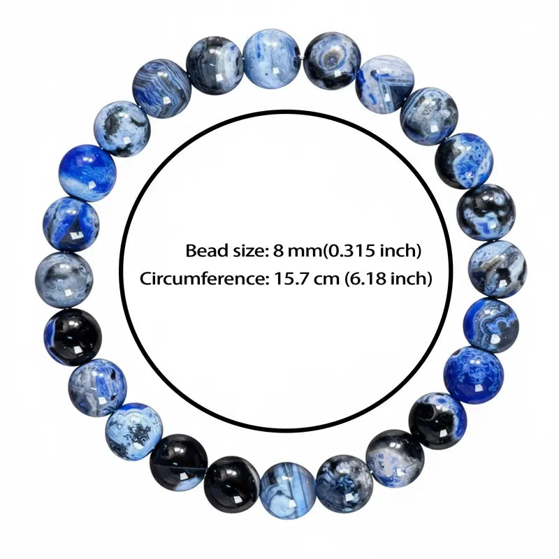 A Blue Fire Agate bracelet, possessing protective properties and benefits for memory.