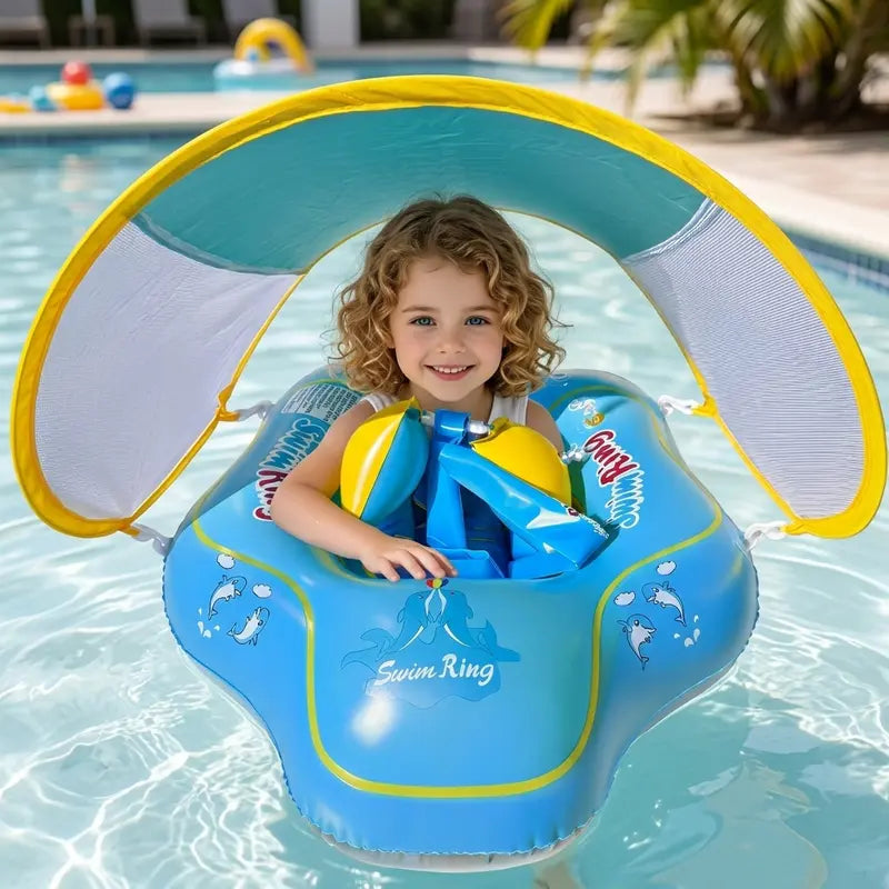 [Summer Energy] Inflatable Baby Swimming Ring with Shoulder Straps and Sunshade - Baby Safety Pool Seat