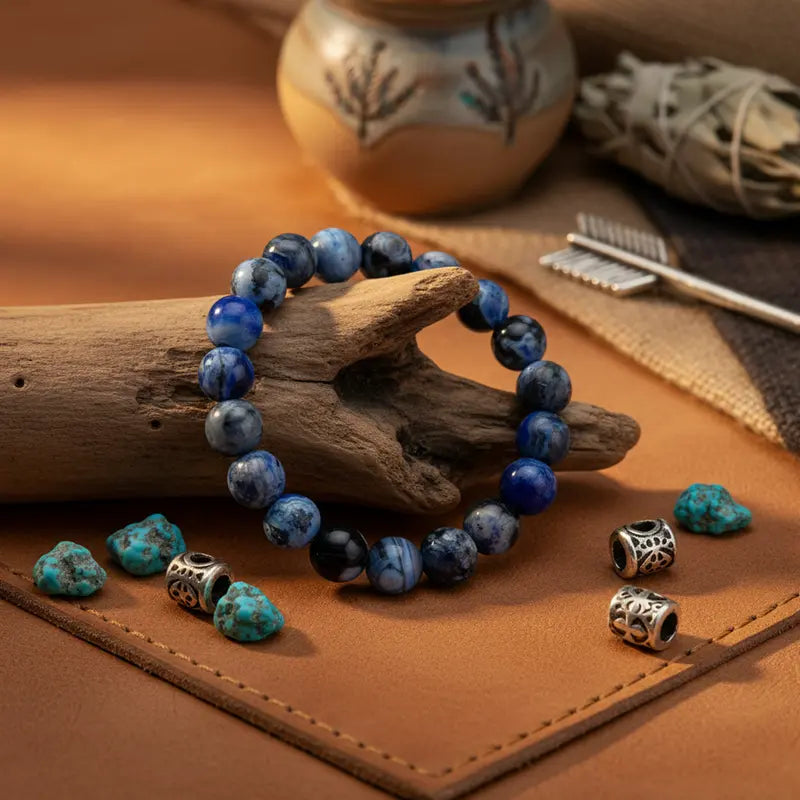 A Blue Fire Agate bracelet, possessing protective properties and benefits for memory.