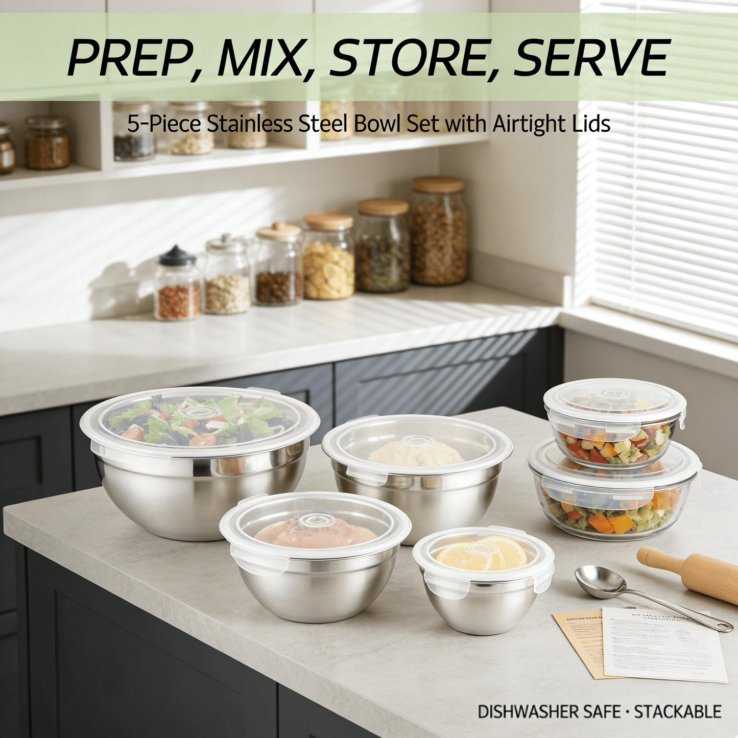 Everyday Stainless Steel Mixing Bowl Set with Airtight Lids