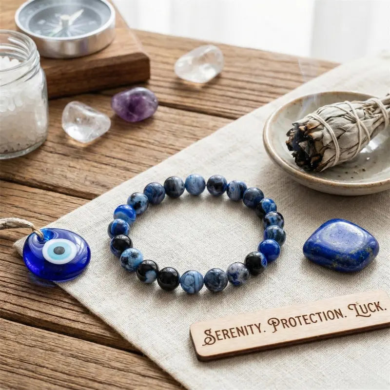 A Blue Fire Agate bracelet, possessing protective properties and benefits for memory.