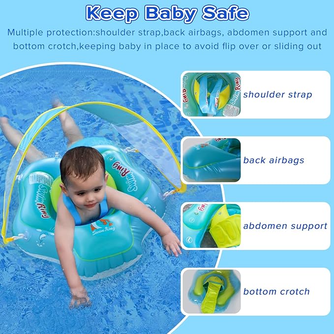 [Summer Energy] Inflatable Baby Swimming Ring with Shoulder Straps and Sunshade - Baby Safety Pool Seat