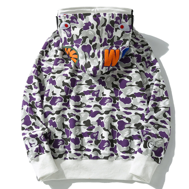 BAPE Purple Camo Shark Zipper Double Hoodies
