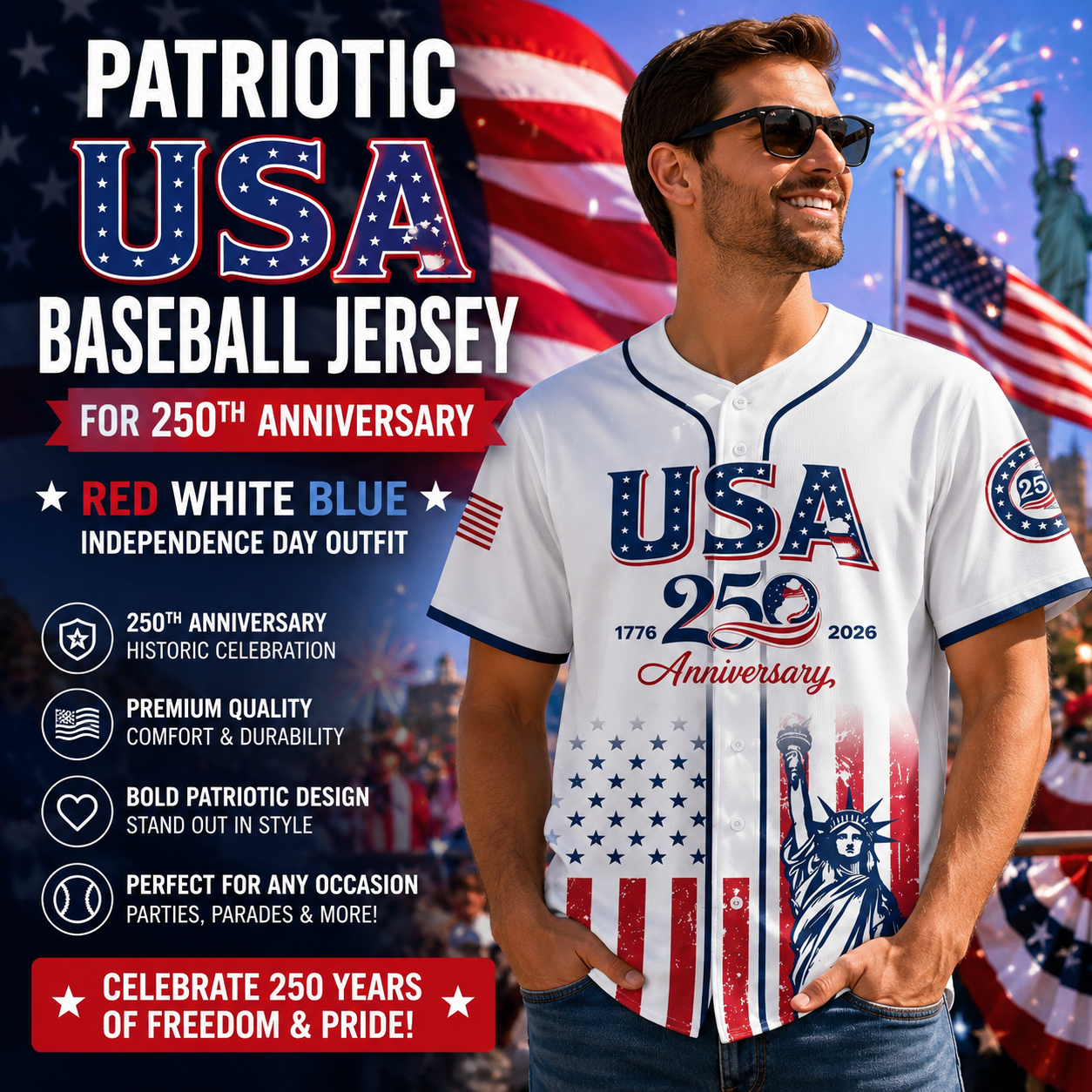 USA 250th Anniversary Baseball Jersey 1776–2026 Patriotic Shirt
