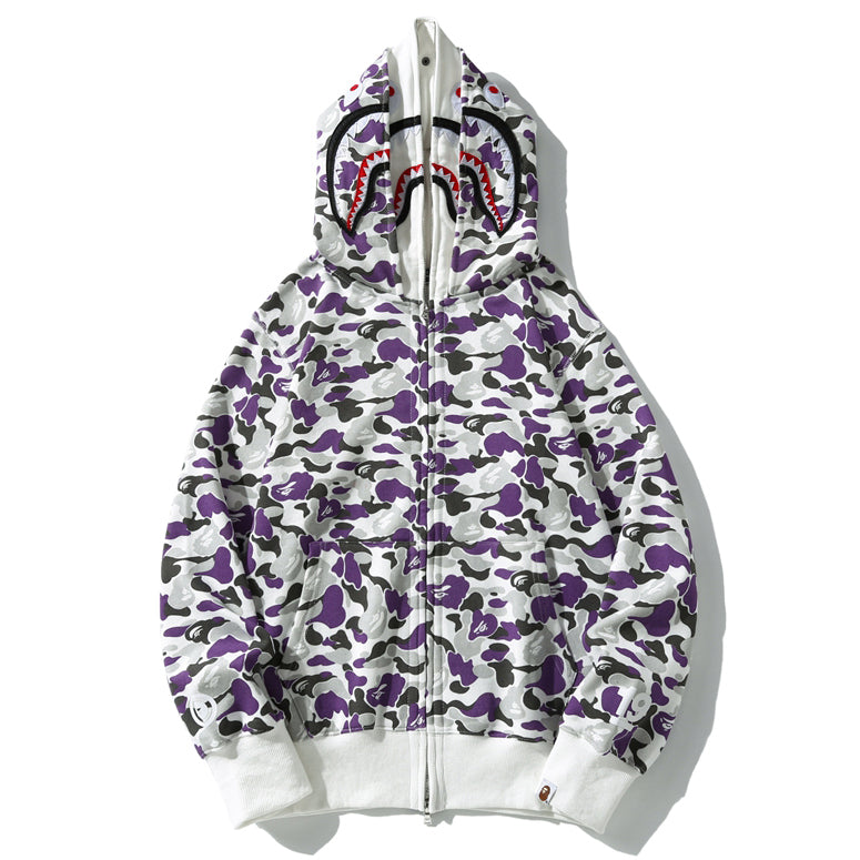 BAPE Purple Camo Shark Zipper Double Hoodies