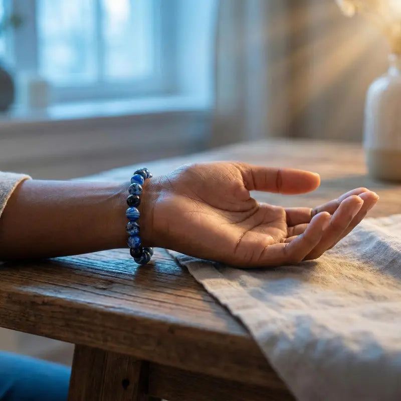 A Blue Fire Agate bracelet, possessing protective properties and benefits for memory.