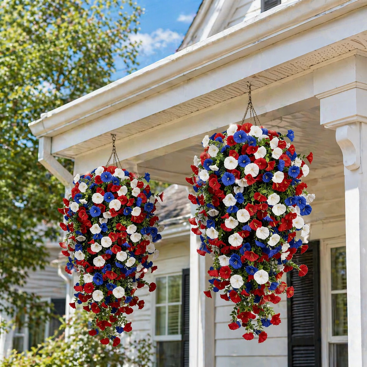 🌹Red, White & Blue Artificial Morning Glory Hanging Vines – 3-Piece Set