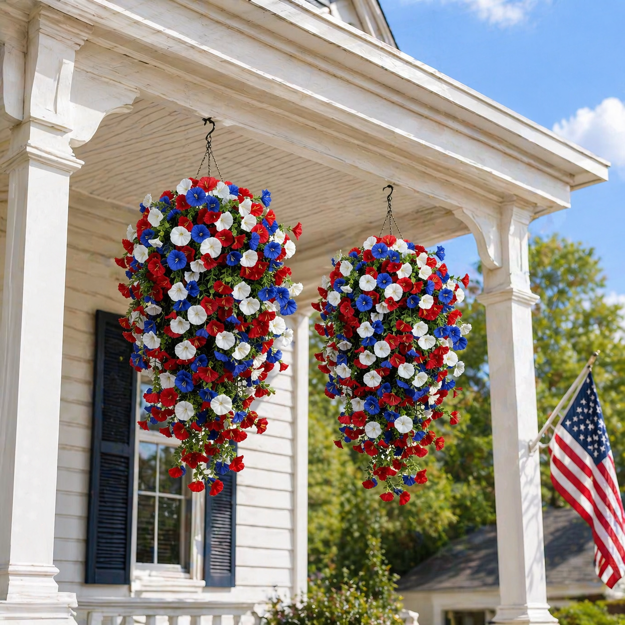 🌹Red, White & Blue Artificial Morning Glory Hanging Vines – 3-Piece Set