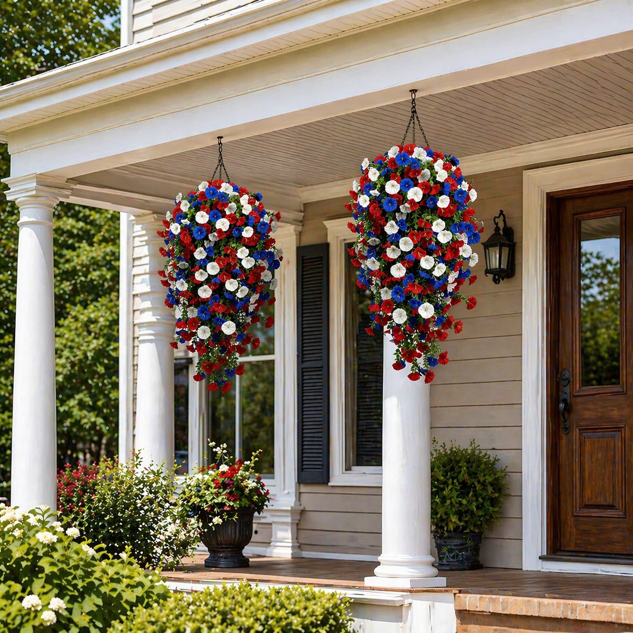 🌹Red, White & Blue Artificial Morning Glory Hanging Vines – 3-Piece Set