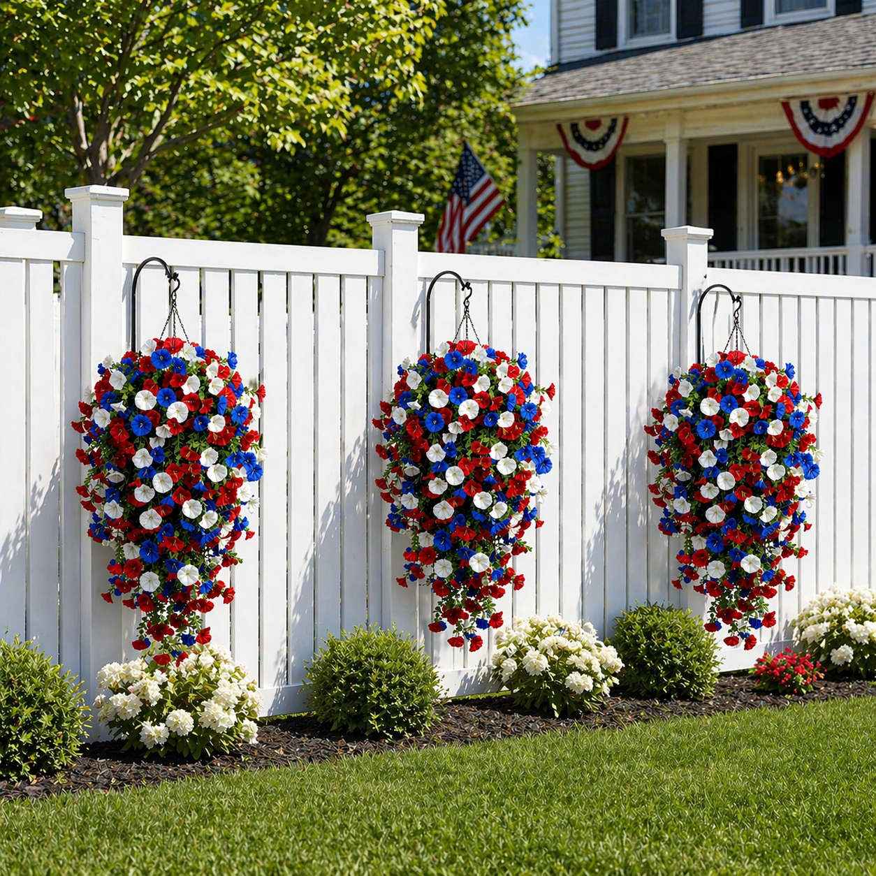 🌹Red, White & Blue Artificial Morning Glory Hanging Vines – 3-Piece Set