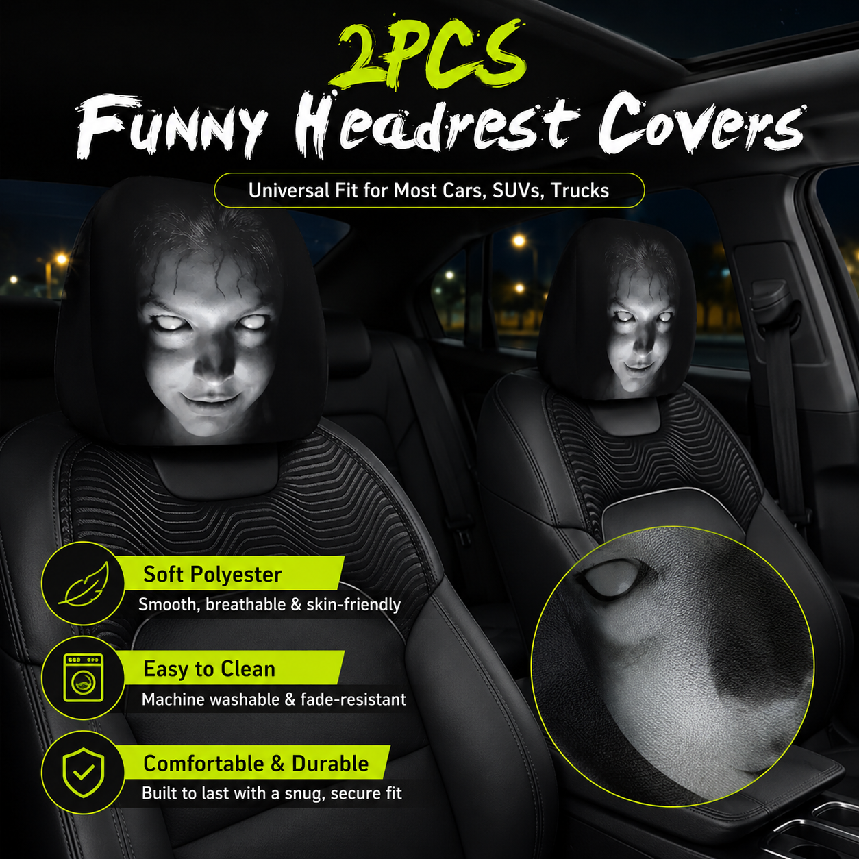 😈 Creepy Funny Car Headrest Covers – 2PCS Universal Fit 🚗