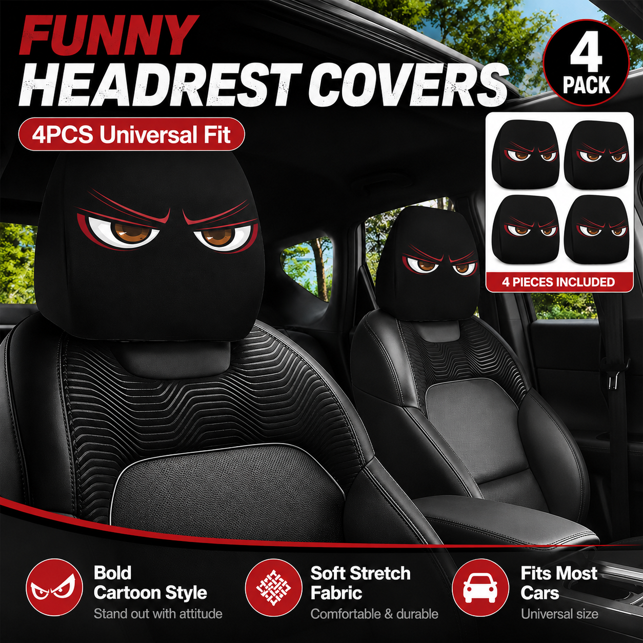 😈 Creepy Funny Car Headrest Covers – 2PCS Universal Fit 🚗