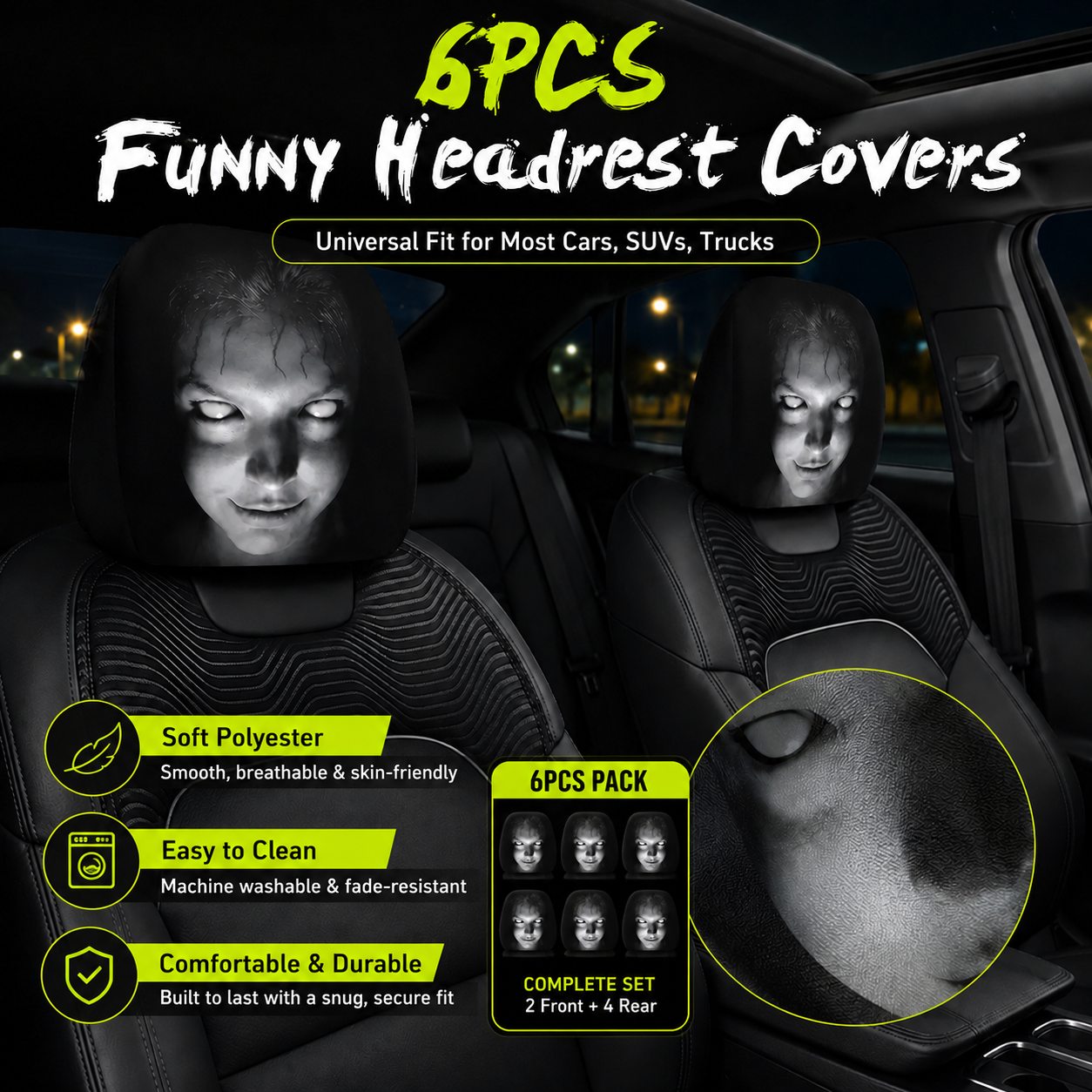 😈 Creepy Funny Car Headrest Covers – 2PCS Universal Fit 🚗