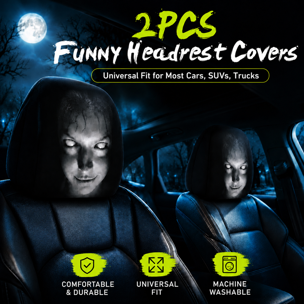 😈 Creepy Funny Car Headrest Covers – 2PCS Universal Fit 🚗