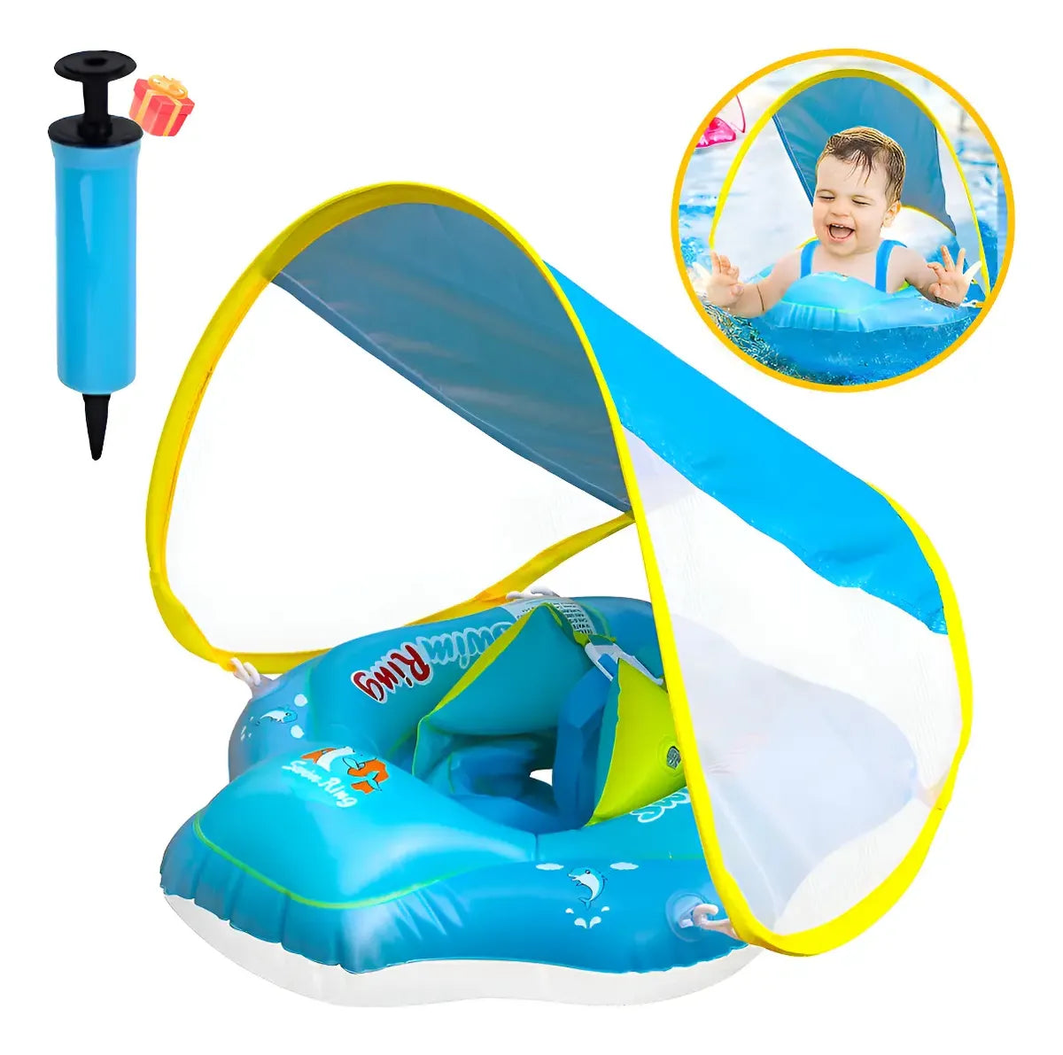 [Summer Energy] Inflatable Baby Swimming Ring with Shoulder Straps and Sunshade - Baby Safety Pool Seat