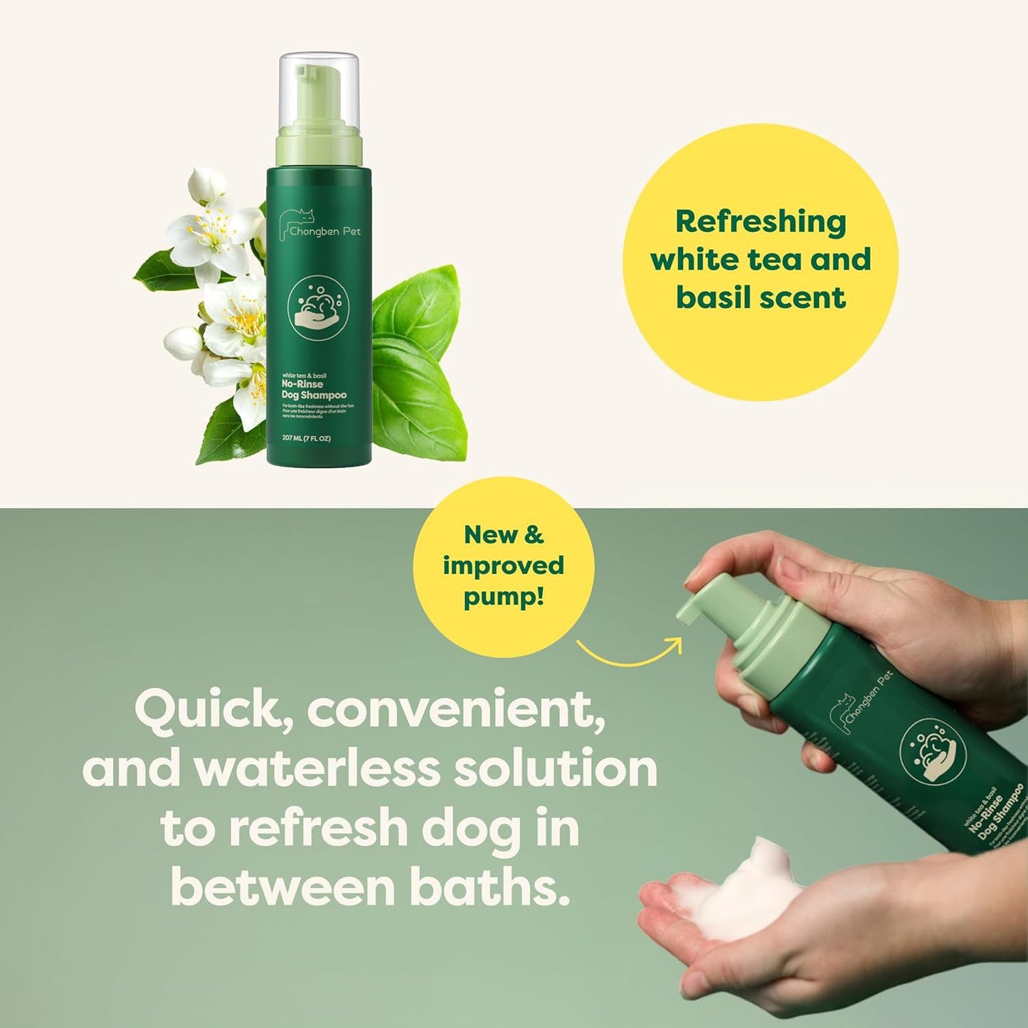 🐕🍃No-Rinse Dog Shampoo 7 oz - White Tea & Basil Scent, Convenient Waterless Formula