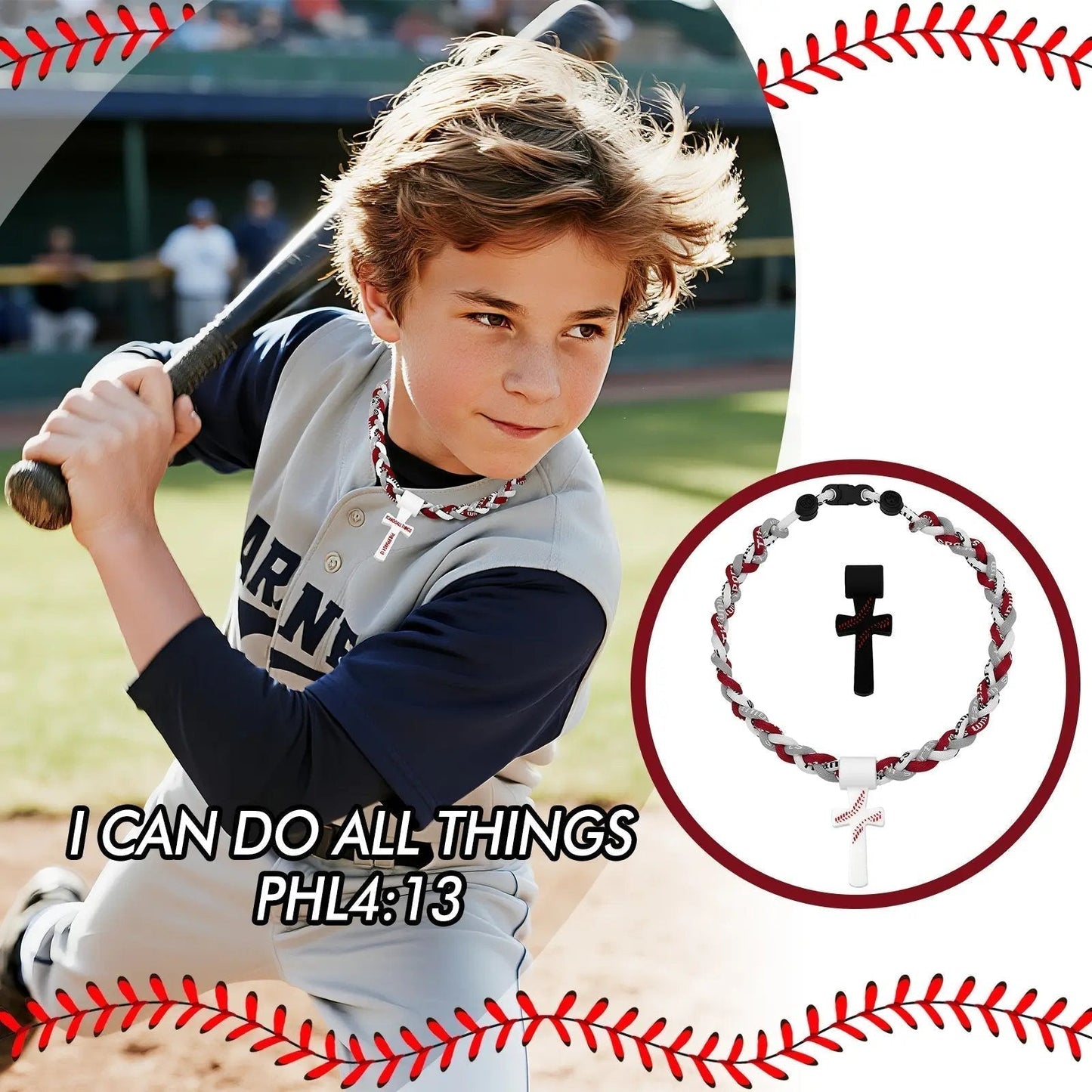 ⚾ Baseball Cross Necklace for Boys – Phil 4:13 "I Can Do All Things" Braided Tornado Rope