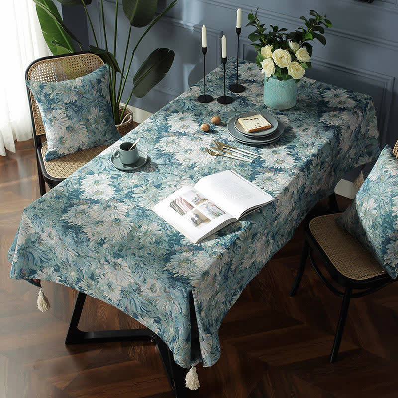 Ownkoti Flower Oil Painting Style Tassel Tablecloth