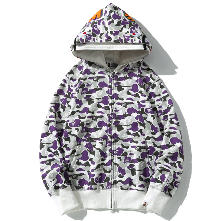 BAPE Purple Camo Shark Zipper Double Hoodies