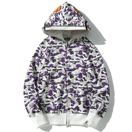 BAPE Purple Camo Shark Zipper Double Hoodies