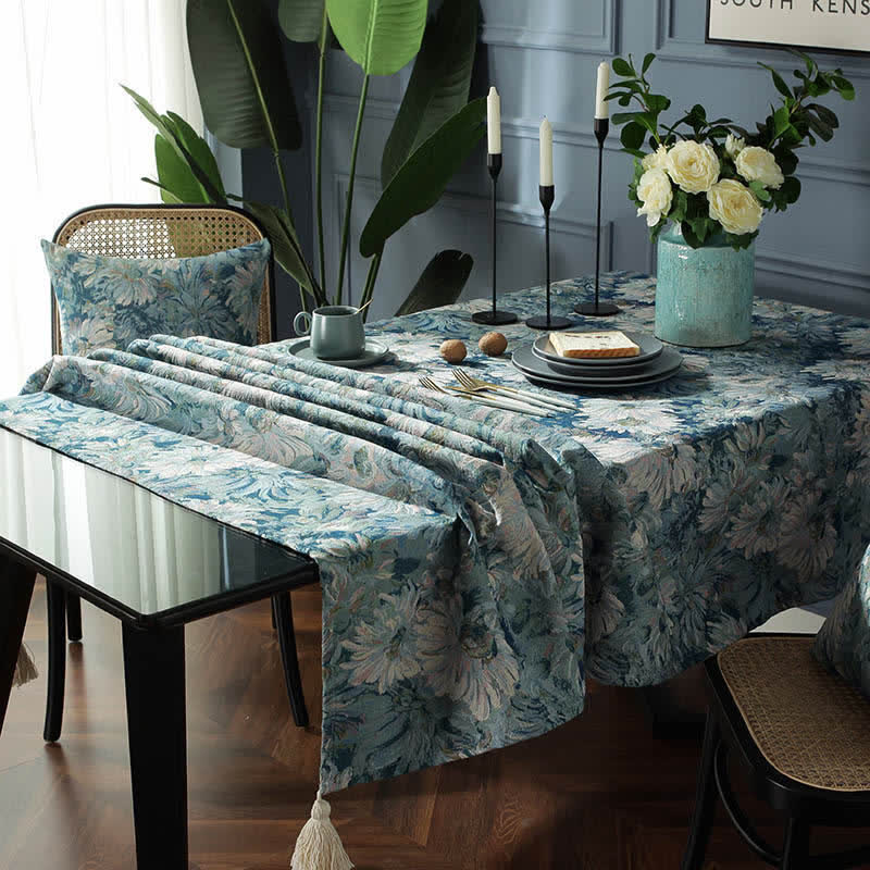 Ownkoti Flower Oil Painting Style Tassel Tablecloth