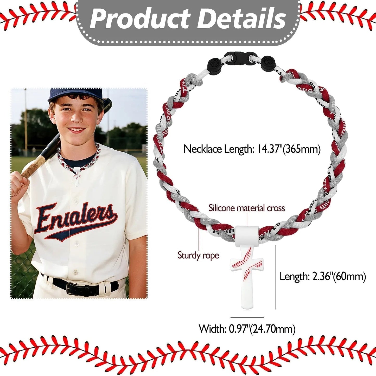 ⚾ Baseball Cross Necklace for Boys – Phil 4:13 "I Can Do All Things" Braided Tornado Rope
