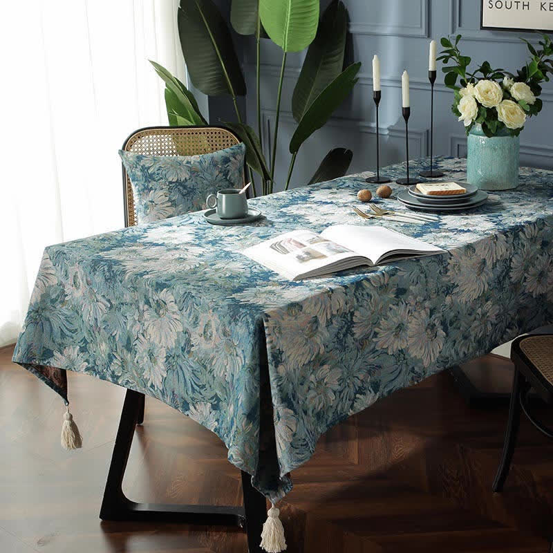 Ownkoti Flower Oil Painting Style Tassel Tablecloth