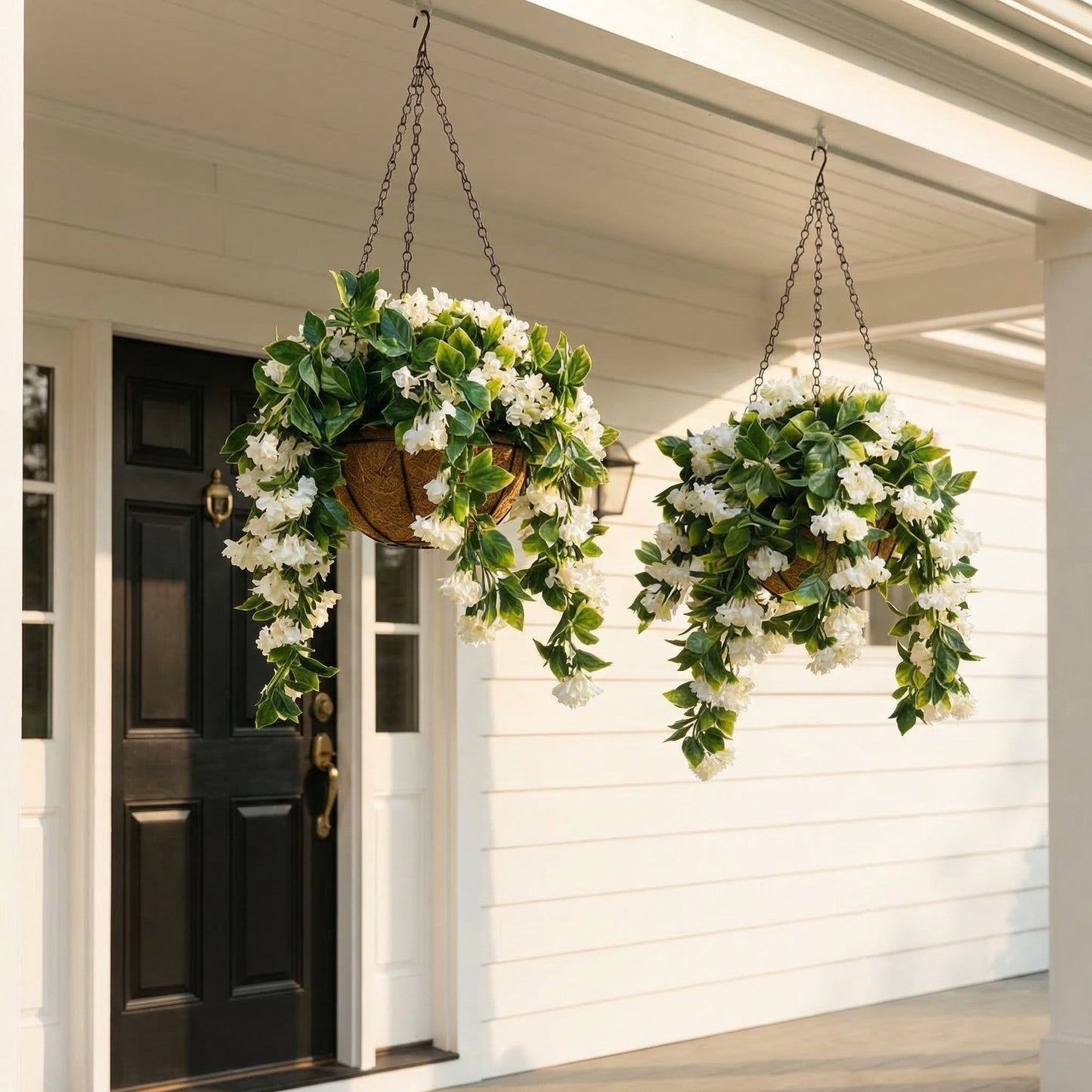 1 Faux Crepe Myrtle Hanging Baskets – UV Resistant Artificial Flower Planters with Coconut Liner & Metal Chain