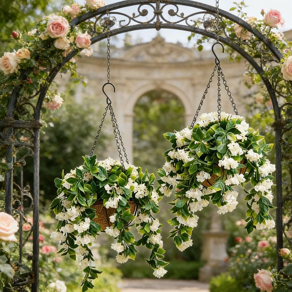 1 Faux Crepe Myrtle Hanging Baskets – UV Resistant Artificial Flower Planters with Coconut Liner & Metal Chain